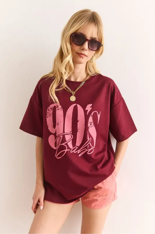 Kadın Bordo 90'S Baskılı 2 İp Relaxed Fit Tişört TSH-19000901 - 4