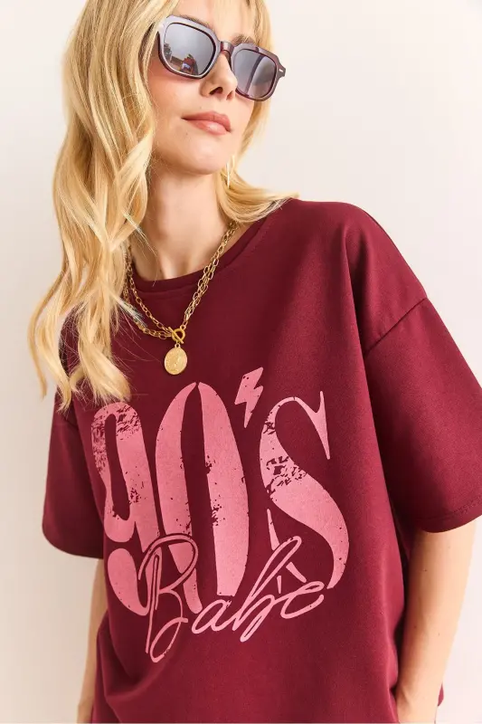 Kadın Bordo 90'S Baskılı 2 İp Relaxed Fit Tişört TSH-19000901 - 5