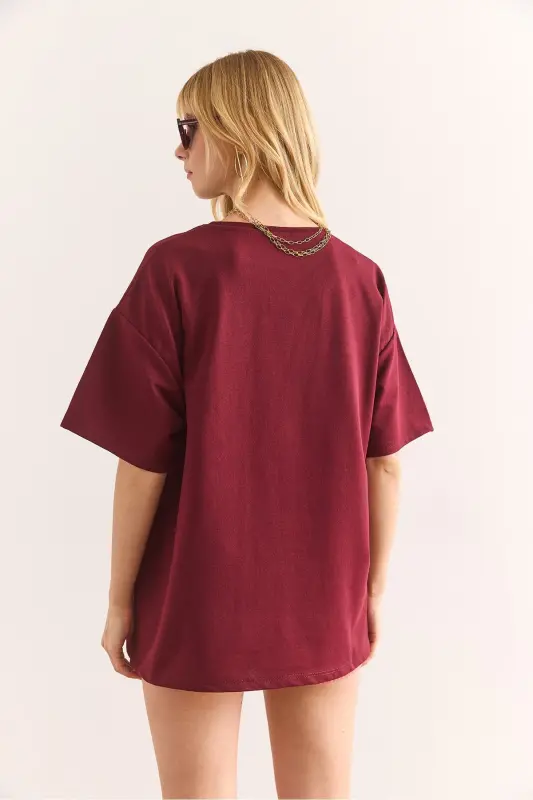 Kadın Bordo 90'S Baskılı 2 İp Relaxed Fit Tişört TSH-19000901 - 6
