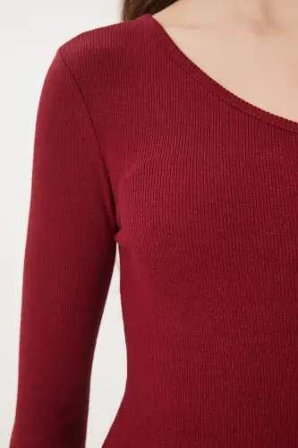 Kadın Bordo Açık Omuzlu Fitilli Örme Bluz TG00011 - Bordo - 6