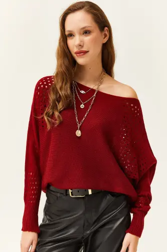 Kadın Bordo Ajurlu Yarasa Oversize Triko Kazak - Bordo - 1