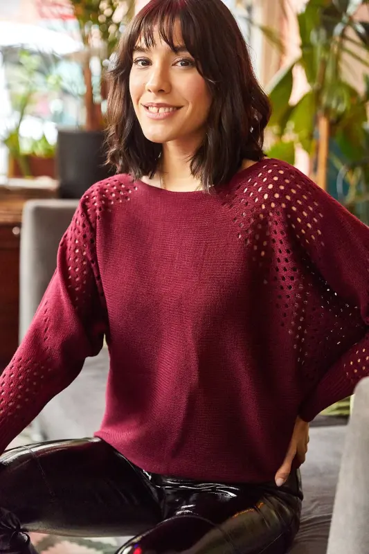 Kadın Bordo Ajurlu Yarasa Oversize Triko Kazak - Bordo - 3