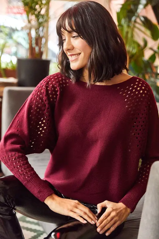 Kadın Bordo Ajurlu Yarasa Oversize Triko Kazak - Bordo - 4
