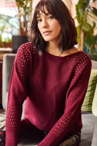 Kadın Bordo Ajurlu Yarasa Oversize Triko Kazak - Bordo - 5
