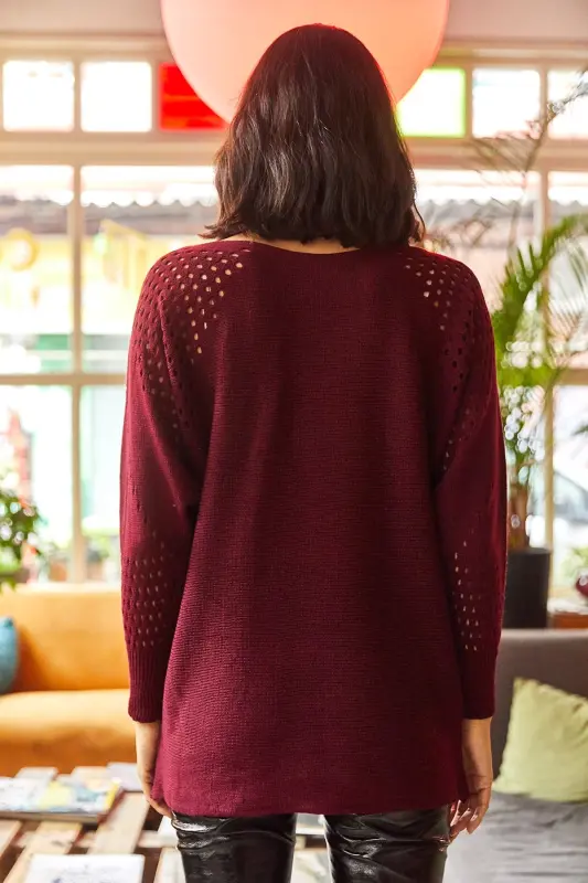 Kadın Bordo Ajurlu Yarasa Oversize Triko Kazak - Bordo - 6