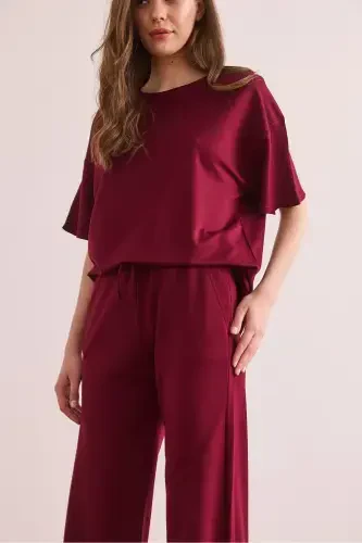 Kadın Bordo Alt Cepli Pantolon Üst Tişört Takım TKM-19000374-Bordo - 6