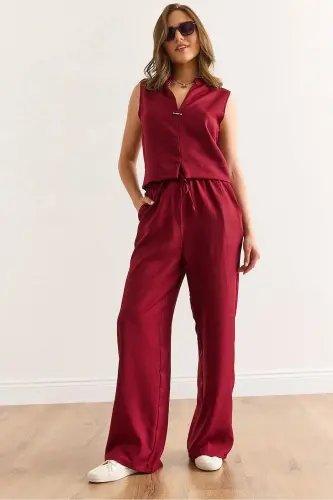 Kadın Bordo Alt Üst Keten Görünümlü Takım TKM-19000395 - Bordo 