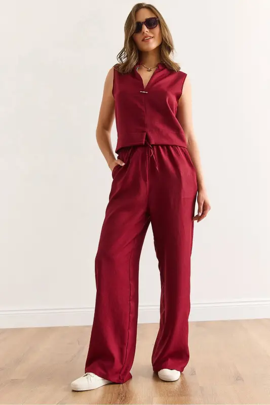 Kadın Bordo Alt Üst Keten Görünümlü Takım TKM-19000395 - Bordo - 1