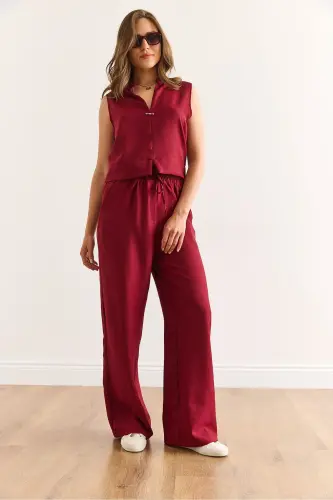 Kadın Bordo Alt Üst Keten Görünümlü Takım TKM-19000395 - Bordo - OLALOOK (1)