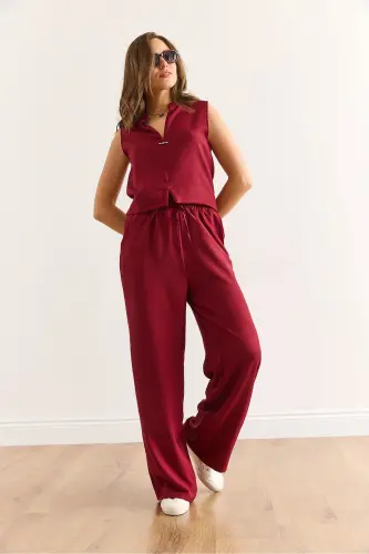 Kadın Bordo Alt Üst Keten Görünümlü Takım TKM-19000395 - Bordo - 4