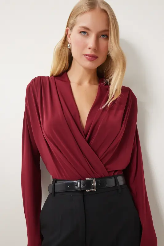 Kadın Bordo Anvelop Yaka Vatkalı Çıtçıtlı Sandy Bluz ZH00039 - Bordo - 1