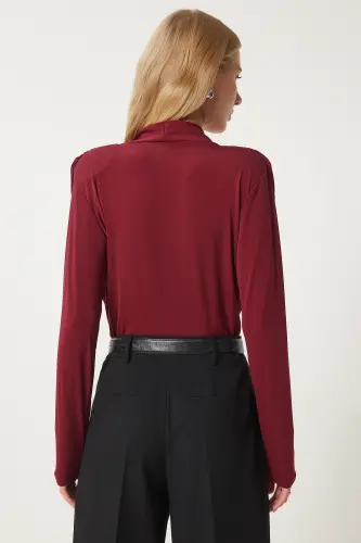 Kadın Bordo Anvelop Yaka Vatkalı Çıtçıtlı Sandy Bluz ZH00039 - Bordo - 5