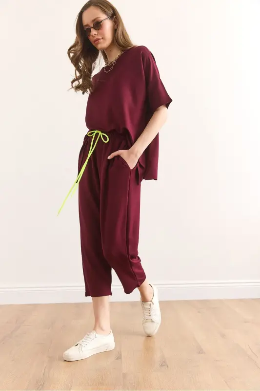 Kadın Bordo Asimetrik Bluzlu Yumuşak Dokulu Alt Üst Kristal Takım TKM-19000269 - Bordo - 4