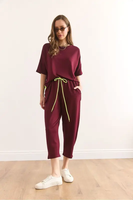 Kadın Bordo Asimetrik Bluzlu Yumuşak Dokulu Alt Üst Kristal Takım TKM-19000269 - Bordo - 5