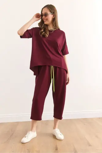Kadın Bordo Asimetrik Bluzlu Yumuşak Dokulu Alt Üst Kristal Takım TKM-19000269 - Bordo - 6