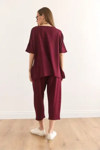 Kadın Bordo Asimetrik Bluzlu Yumuşak Dokulu Alt Üst Kristal Takım TKM-19000269 - Bordo - 8
