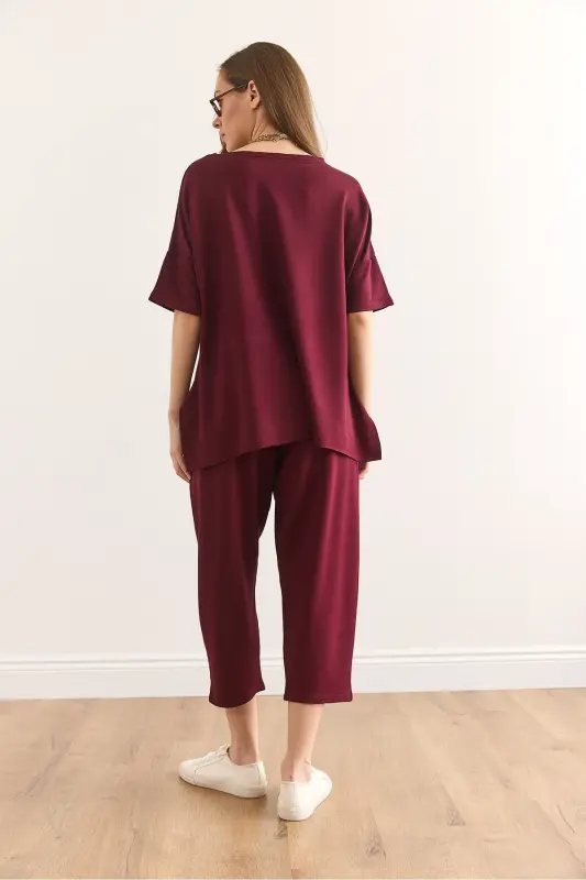 Kadın Bordo Asimetrik Bluzlu Yumuşak Dokulu Alt Üst Kristal Takım TKM-19000269 - Bordo - 8