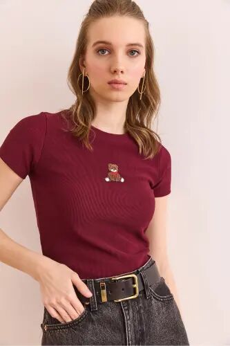 Kadın Bordo Ayıcık Nakışlı Crop İnce Fitilli Bluz BLZ-19002902 - Bordo - 5
