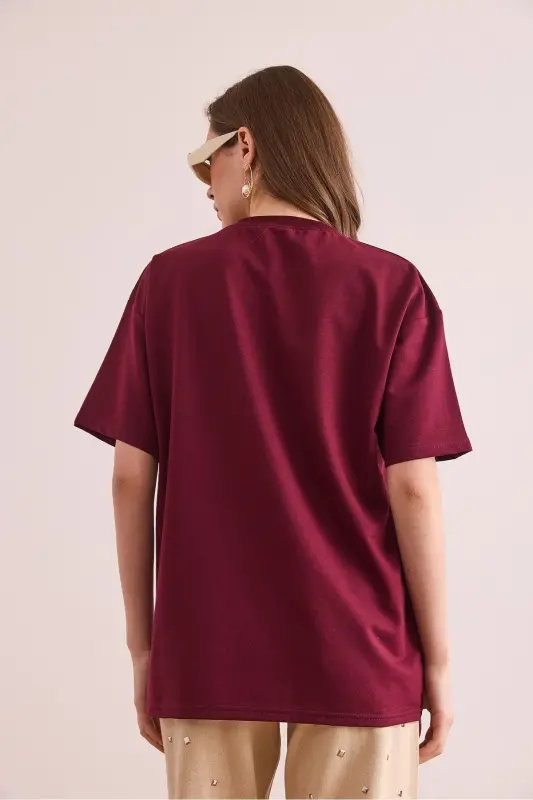 Kadın Bordo Aztek Figürlü Rahat Kalıp 2 İp Tişört TSH-19000876 - Bordo - 2