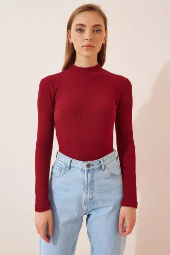 Kadın Bordo Balıkçı Yaka Fitilli Örme Bluz GT00054 - Bordo - 3