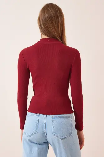 Kadın Bordo Balıkçı Yaka Fitilli Örme Bluz GT00054 - Bordo - 4