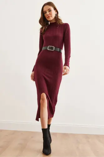 Kadın Bordo Balıkçı Yaka Kemerli Yırtmaçlı Burgu Midi Elbise ELB-19002294-Bordo - 3