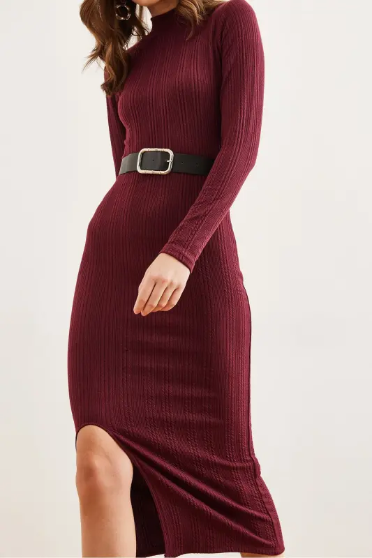 Kadın Bordo Balıkçı Yaka Kemerli Yırtmaçlı Burgu Midi Elbise ELB-19002294-Bordo - 5