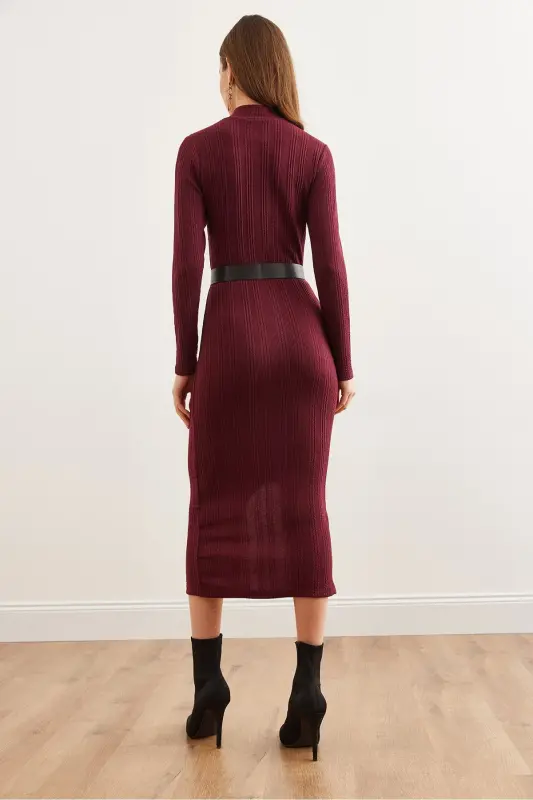 Kadın Bordo Balıkçı Yaka Kemerli Yırtmaçlı Burgu Midi Elbise ELB-19002294-Bordo - 6