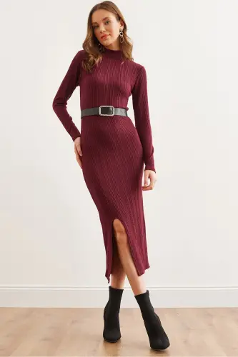 Kadın Bordo Balıkçı Yaka Kemerli Yırtmaçlı Burgu Midi Elbise ELB-19002294 - Bordo - 2