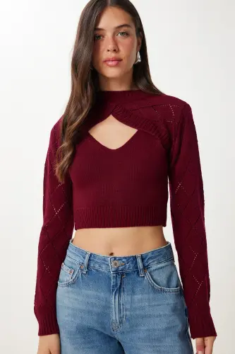 Kadın Bordo Balıkçı Yaka Triko Atlet Crop Takım MT00153 - Bordo - 3