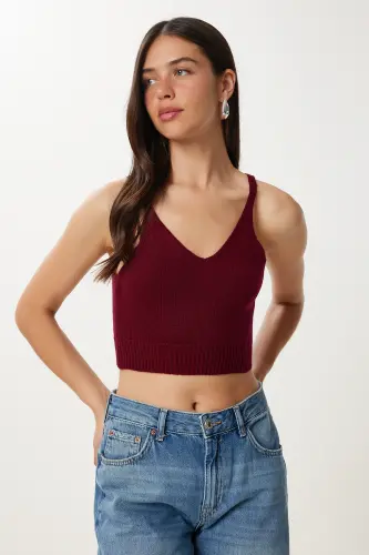 Kadın Bordo Balıkçı Yaka Triko Atlet Crop Takım MT00153 - Bordo - 4