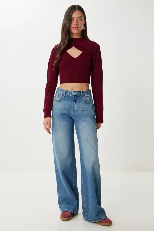 Kadın Bordo Balıkçı Yaka Triko Atlet Crop Takım MT00153 - Bordo - 6