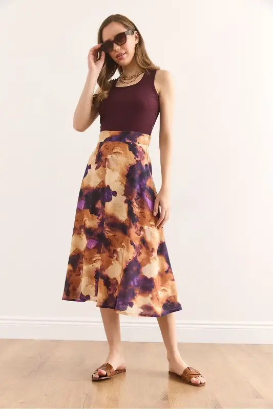 Kadın Bordo Batik Yanı Gizli Fermuarlı Garnili Midi Elbise ELB-19002393 - Bordo Batik - 2