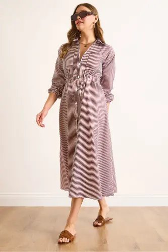 Kadın Bordo Beli Lastikli Cepli Maksi Gömlek Elbise ELB-19002398-Bordo 