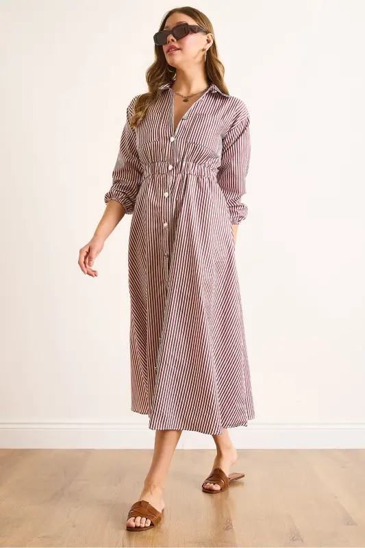 Kadın Bordo Beli Lastikli Cepli Maksi Gömlek Elbise ELB-19002398-Bordo - 1