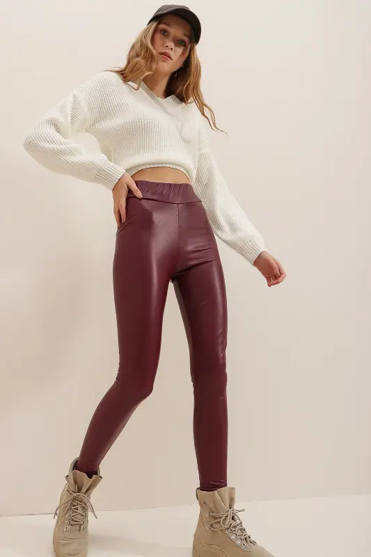 Kadın Bordo Beli Lastikli İçi Şardonlu Likralı Suni Deri Tayt Alc-X7327-BORDO - 4