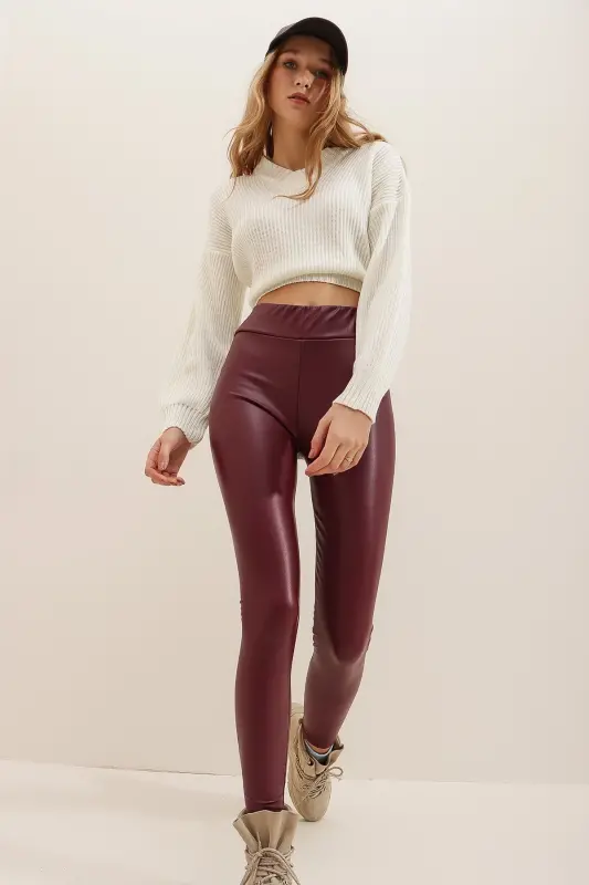 Kadın Bordo Beli Lastikli İçi Şardonlu Likralı Suni Deri Tayt Alc-X7327-BORDO - 5