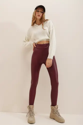 Kadın Bordo Beli Lastikli İçi Şardonlu Likralı Suni Deri Tayt Alc-X7327-BORDO - 3