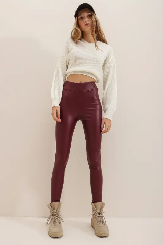 Kadın Bordo Beli Lastikli İçi Şardonlu Likralı Suni Deri Tayt Alc-X7327-BORDO - 2