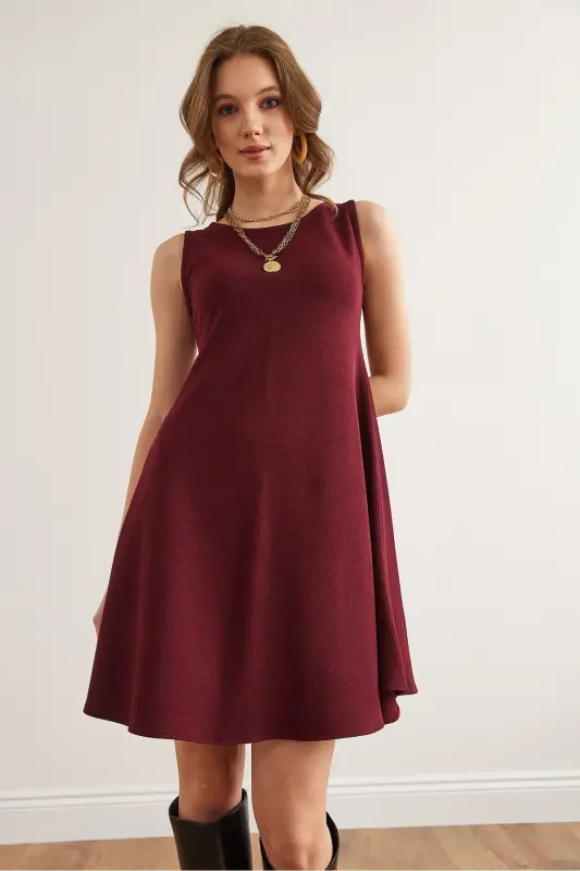 Kadın Bordo Bisiklet Yaka Kloş Örme Krep Elbise ELB-19002347 - Bordo - 4
