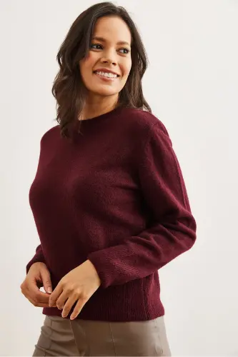 Kadın Bordo Bisiklet Yaka Yumuşak Dokulu Basic Triko Kazak KZK-19000845-Bordo - 4