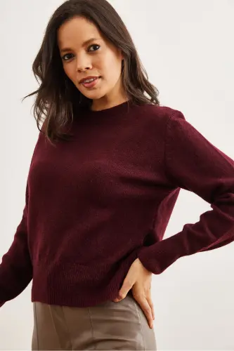 Kadın Bordo Bisiklet Yaka Yumuşak Dokulu Basic Triko Kazak KZK-19000845-Bordo - 5