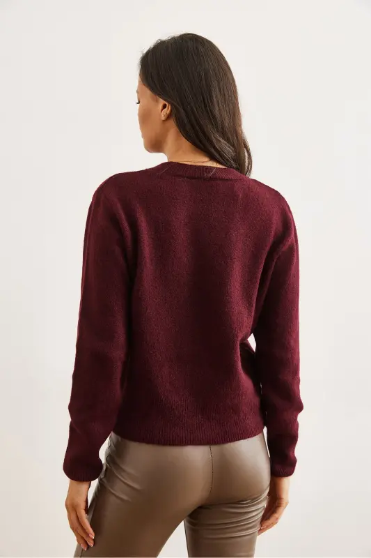 Kadın Bordo Bisiklet Yaka Yumuşak Dokulu Basic Triko Kazak KZK-19000845-Bordo - 6