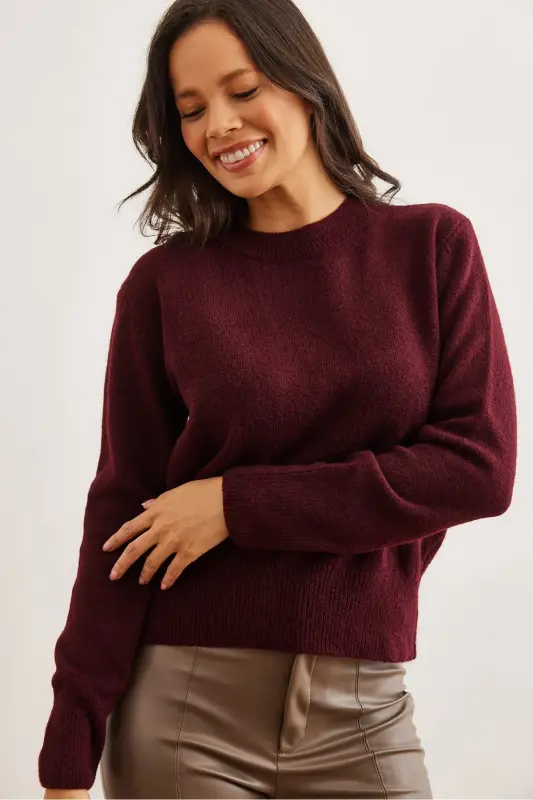 Kadın Bordo Bisiklet Yaka Yumuşak Dokulu Basic Triko Kazak KZK-19000845-Bordo - OLALOOK