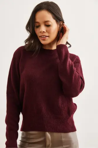 Kadın Bordo Bisiklet Yaka Yumuşak Dokulu Basic Triko Kazak KZK-19000845-Bordo - OLALOOK (1)
