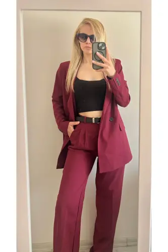 Kadın Bordo Blazer Ceket Palazzo Pantolon Takım Elbise-Bordo 