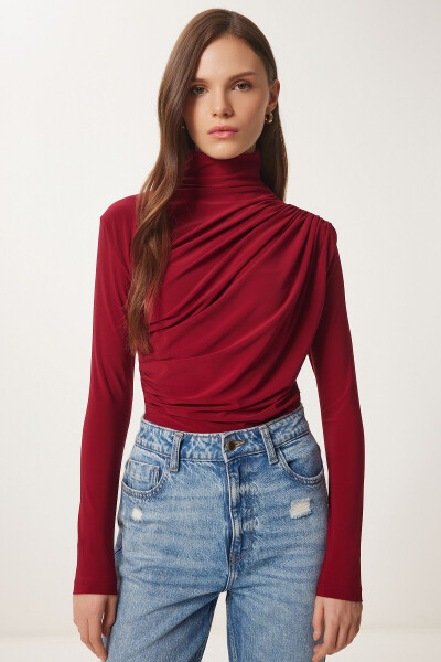 Kadın Bordo Büzgü Detaylı Dik Yaka Sandy Bluz FF00135-Bordo - 2