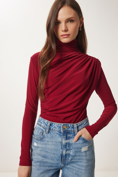 Kadın Bordo Büzgü Detaylı Dik Yaka Sandy Bluz FF00135-Bordo - 4