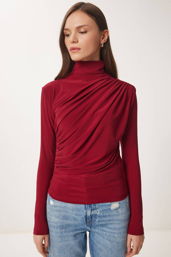 Kadın Bordo Büzgü Detaylı Dik Yaka Sandy Bluz FF00135-Bordo - 5