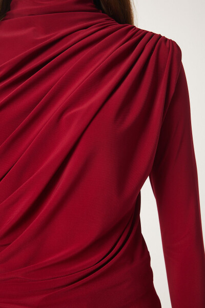 Kadın Bordo Büzgü Detaylı Dik Yaka Sandy Bluz FF00135-Bordo - 6